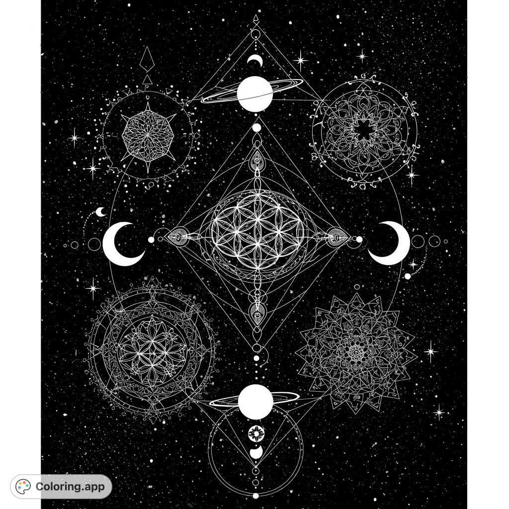 Intricate sacred geometry design in a star-filled universe. Features detailed patterns and sparkling accents, perfect for creative coloring.