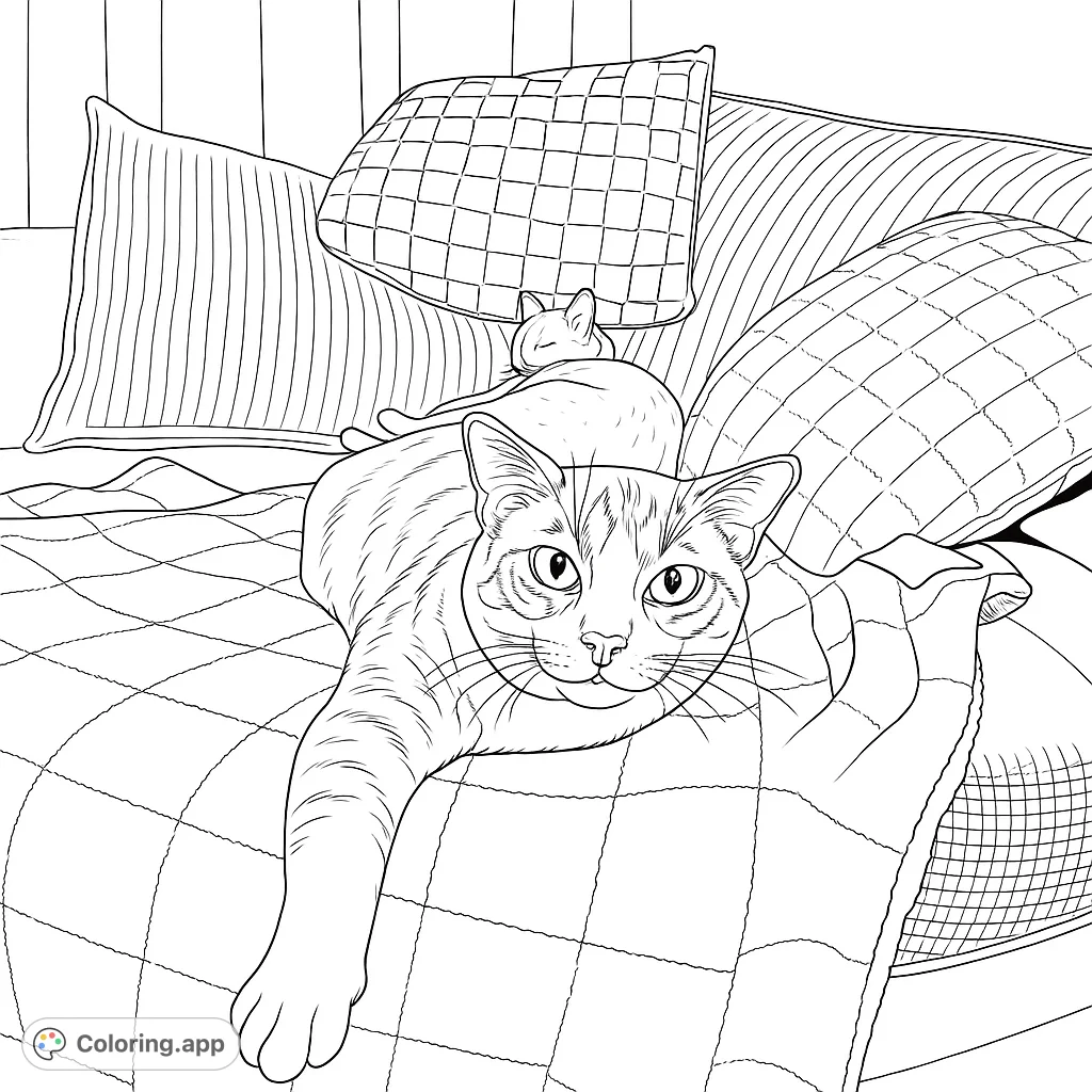 A cozy cat coloring page featuring two cats relaxing on a couch with pillows and a blanket. A great coloring activity for cat lovers!