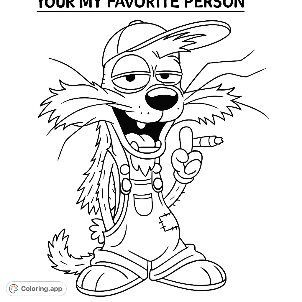 A hilarious cartoon animal character, possibly a rabbit or dog, wearing overalls and a cap, holding a cigar with a wide, expressive grin.