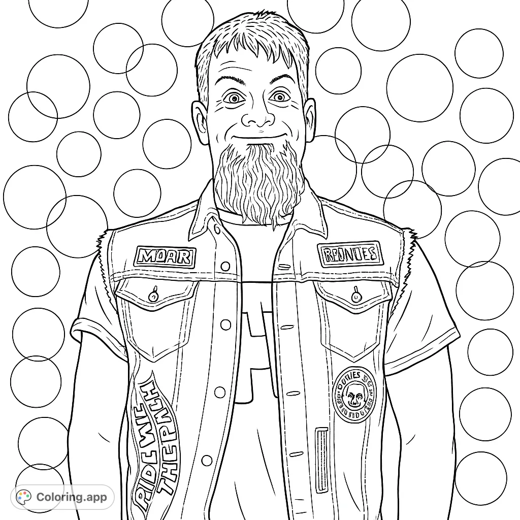 A detailed black and white line drawing of a bearded man in a denim vest with unique patches against a background of abstract circles.