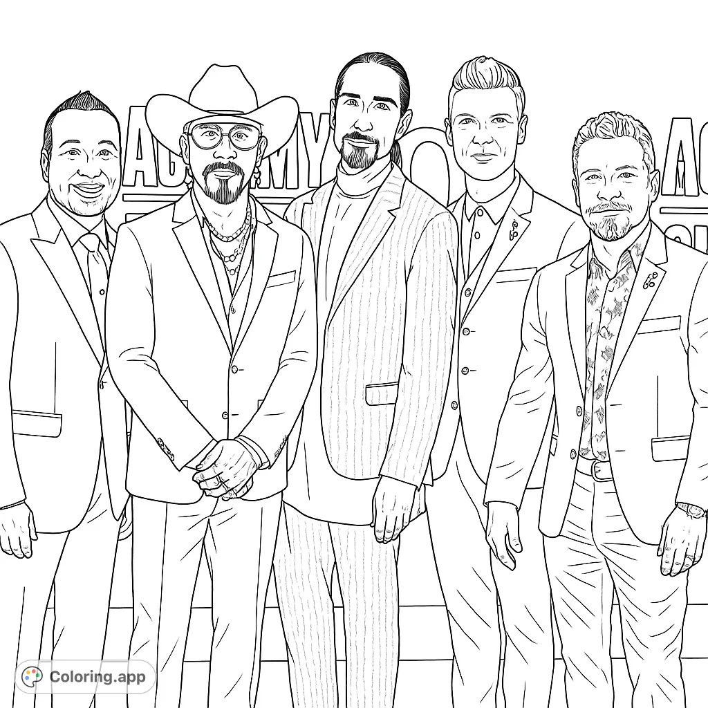 A distinguished group of men in formal suits, including a cowboy hat and patterned shirts, set against a backdrop of large letters. A free printable celebrity group coloring page.