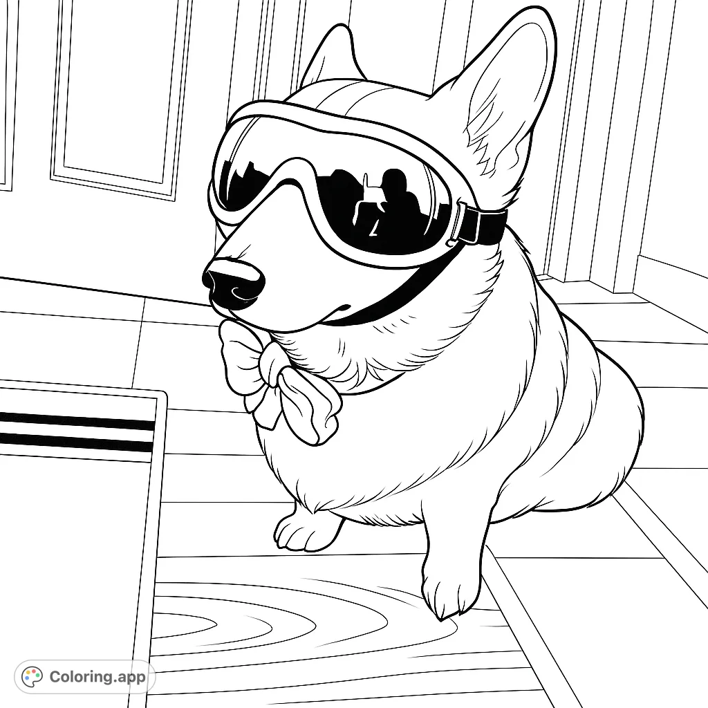 An adorable Corgi wearing cool goggles and a dapper bow tie, ready for adventure. A fun, free printable Corgi coloring page for all ages.