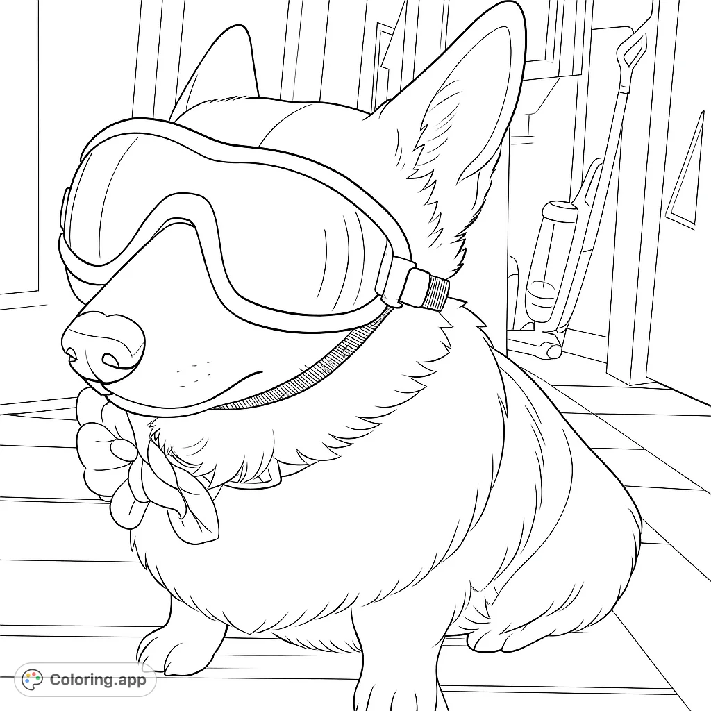 A cute corgi dog wearing goggles and a flower collar. A fun and quirky coloring page for dog lovers and creative kids.