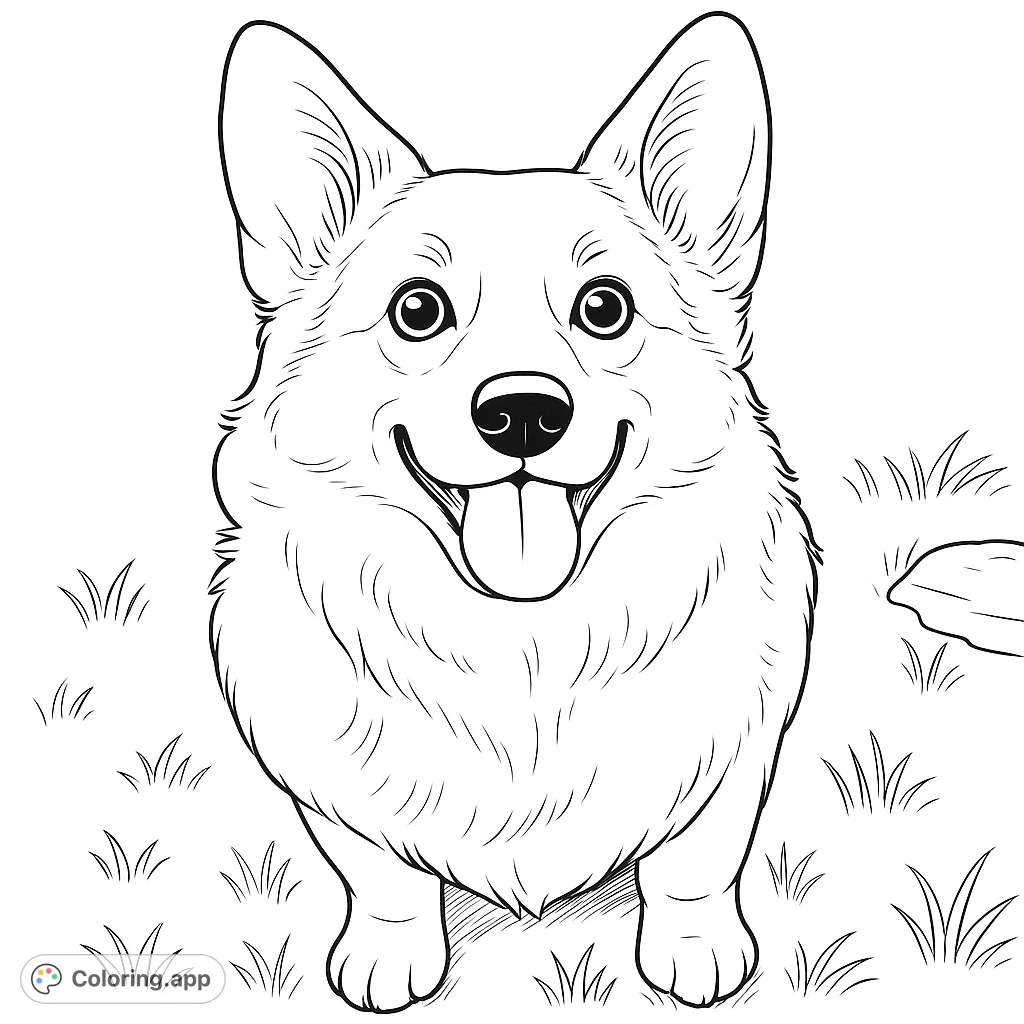 A delightful Corgi coloring page featuring a happy, front-facing dog with its tongue out, surrounded by simple grass. Perfect for dog lovers!
