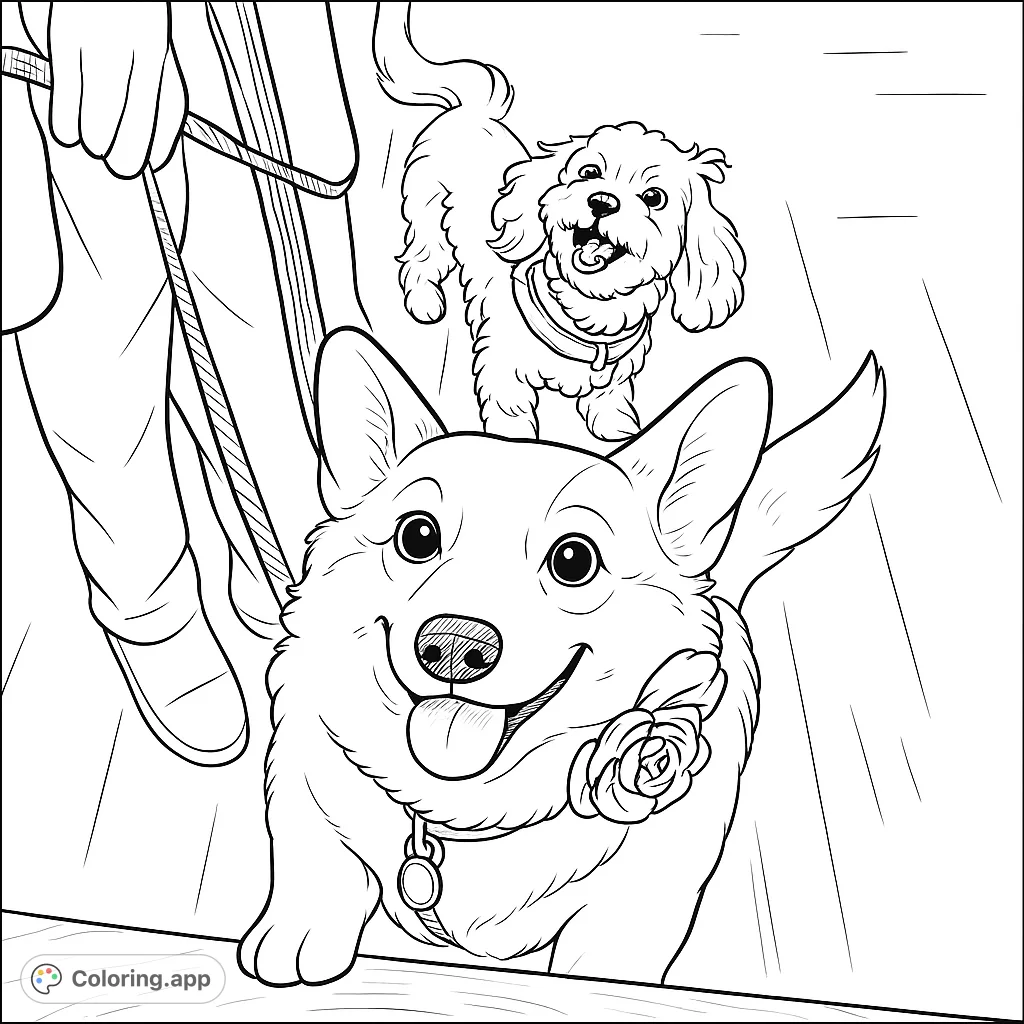 A delightful dog walking coloring page featuring a smiling Corgi and a fluffy companion, perfect for pet lovers. Free printable coloring page for kids and adults.