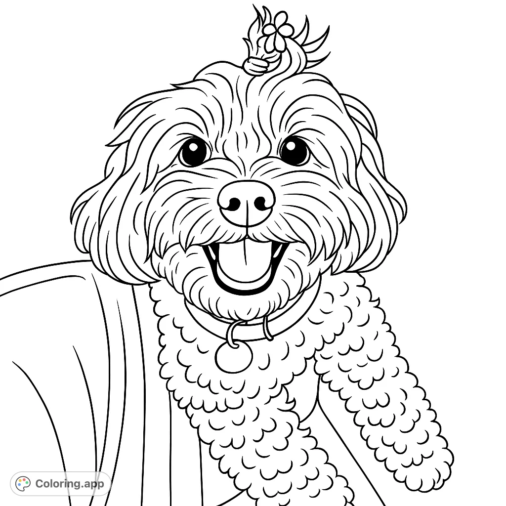 A delightful fluffy dog coloring page, featuring a happy pup with a flower accessory and collar. Perfect for pet lovers and all ages.