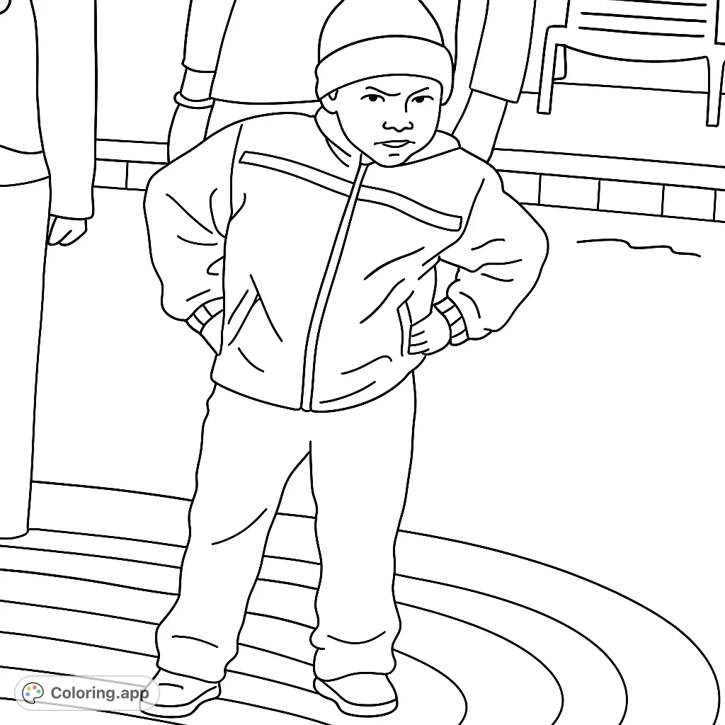 A young boy in winter attire with a stern expression stands on a patterned ground. A free printable boy portrait coloring page for all ages.