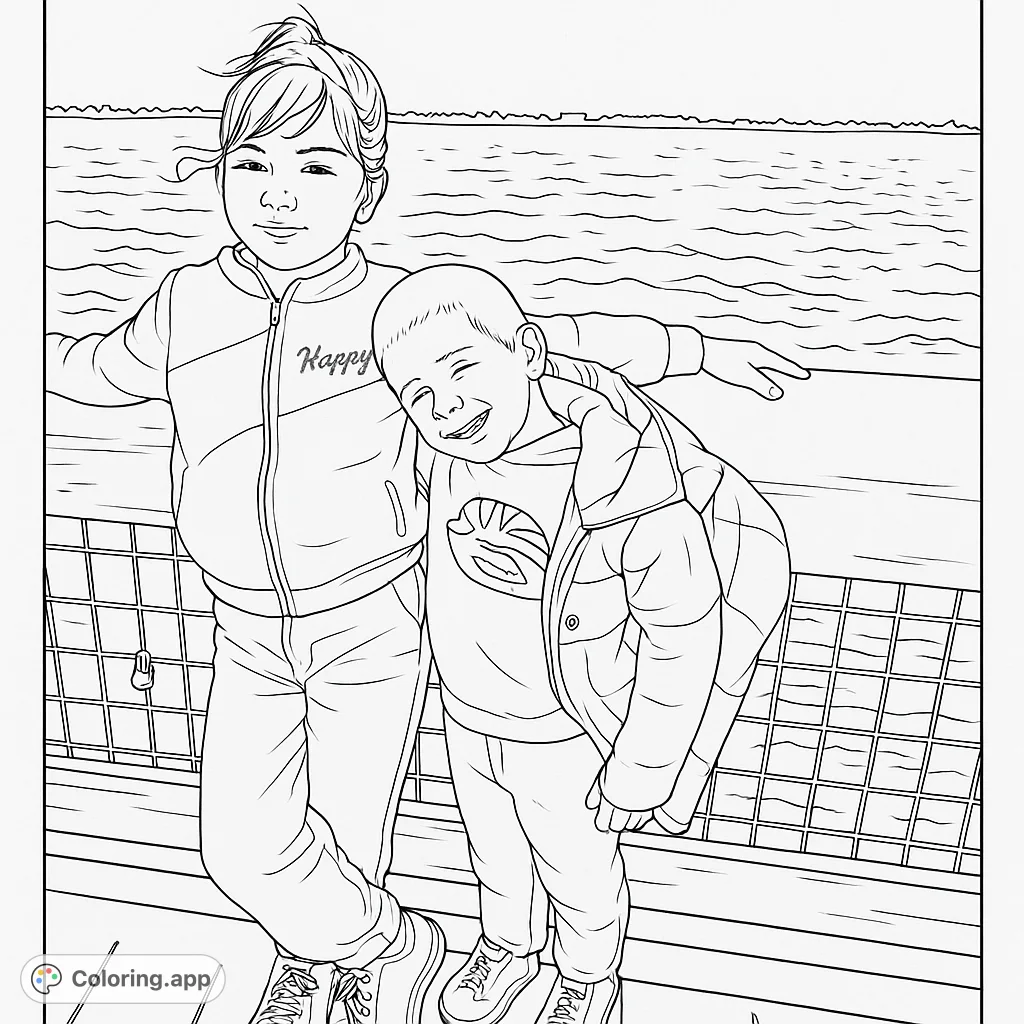 A charming coloring page of two siblings on a pier, enjoying a sunny day by the water. A delightful scene to color!