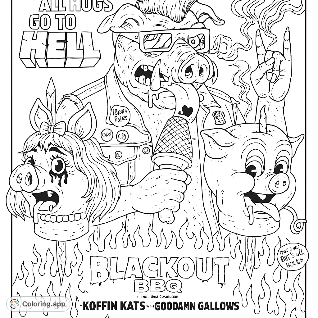 Color this edgy, detailed poster art featuring punk pigs, flames, and dark humor. A unique and challenging design for adults who love alternative art.