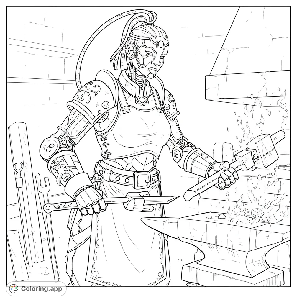 A female Warforged artisan toiling in a forge, wielding the Mark of the Allhammer. Detailed line art with open spaces for coloring.