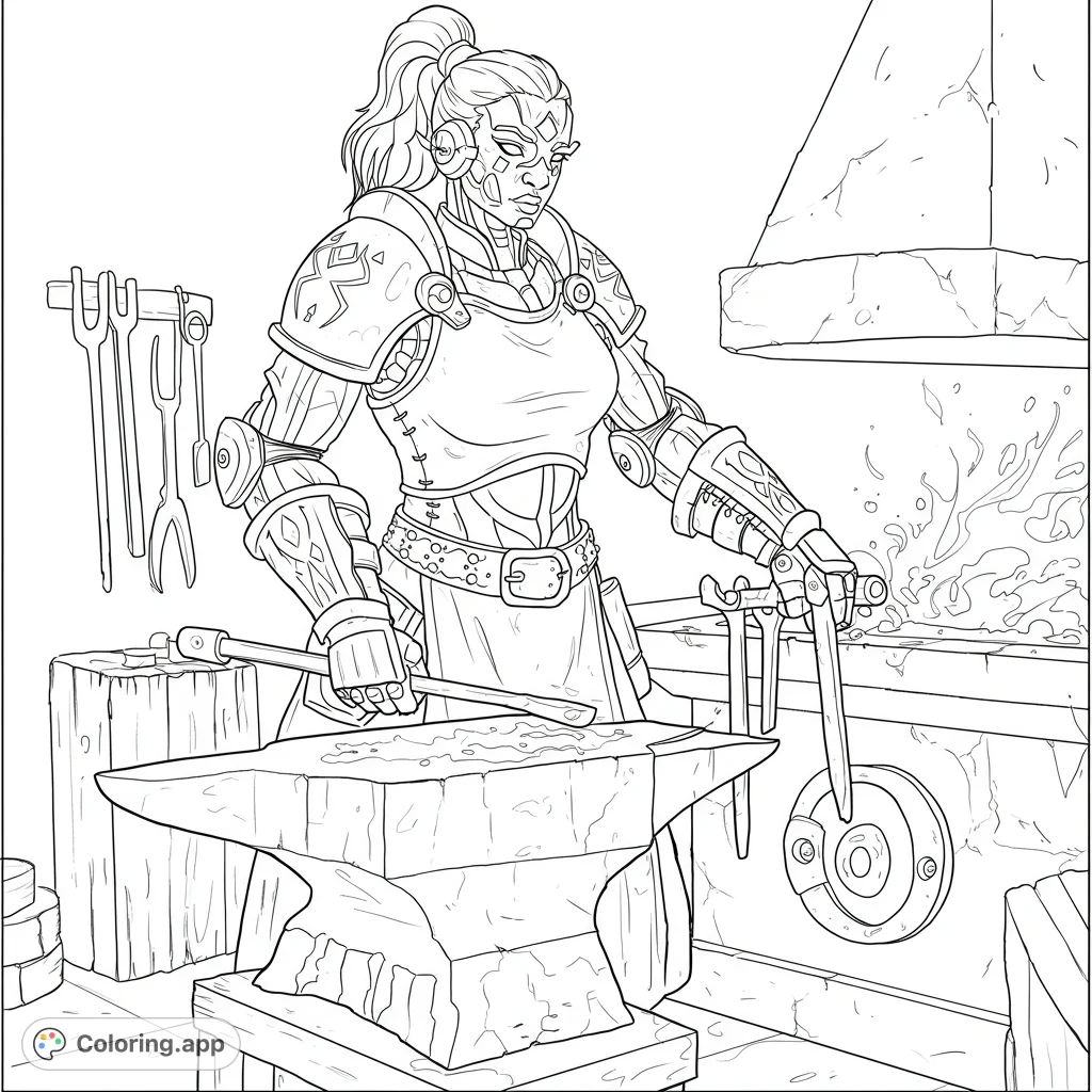 A powerful cyborg blacksmith at her forge, hammering glowing metal. Intricate cybernetic details and workshop tools await your creative colors.