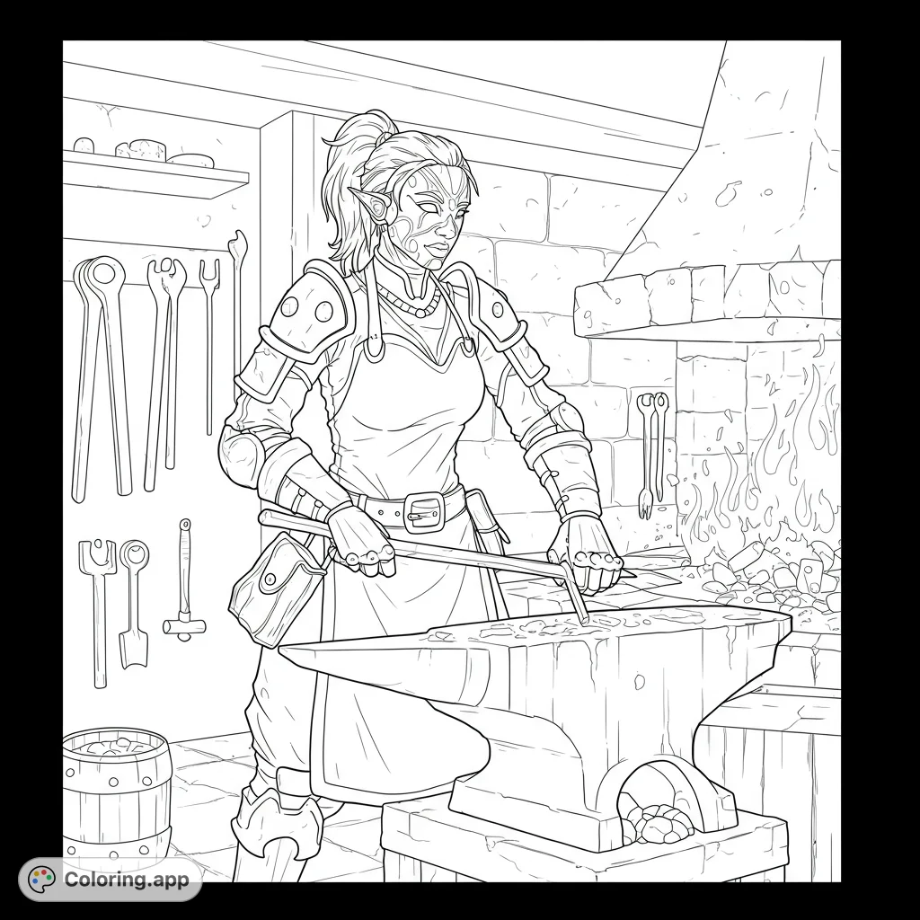 An elven blacksmith forges metal at an anvil in her workshop, surrounded by tools and a roaring fire. A detailed fantasy scene for coloring.