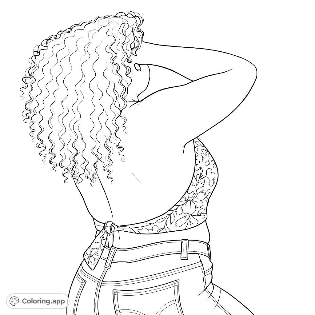 A stylish plus-size woman with voluminous curly hair and a floral backless top, perfect for a fashion coloring page. Free printable for all ages.