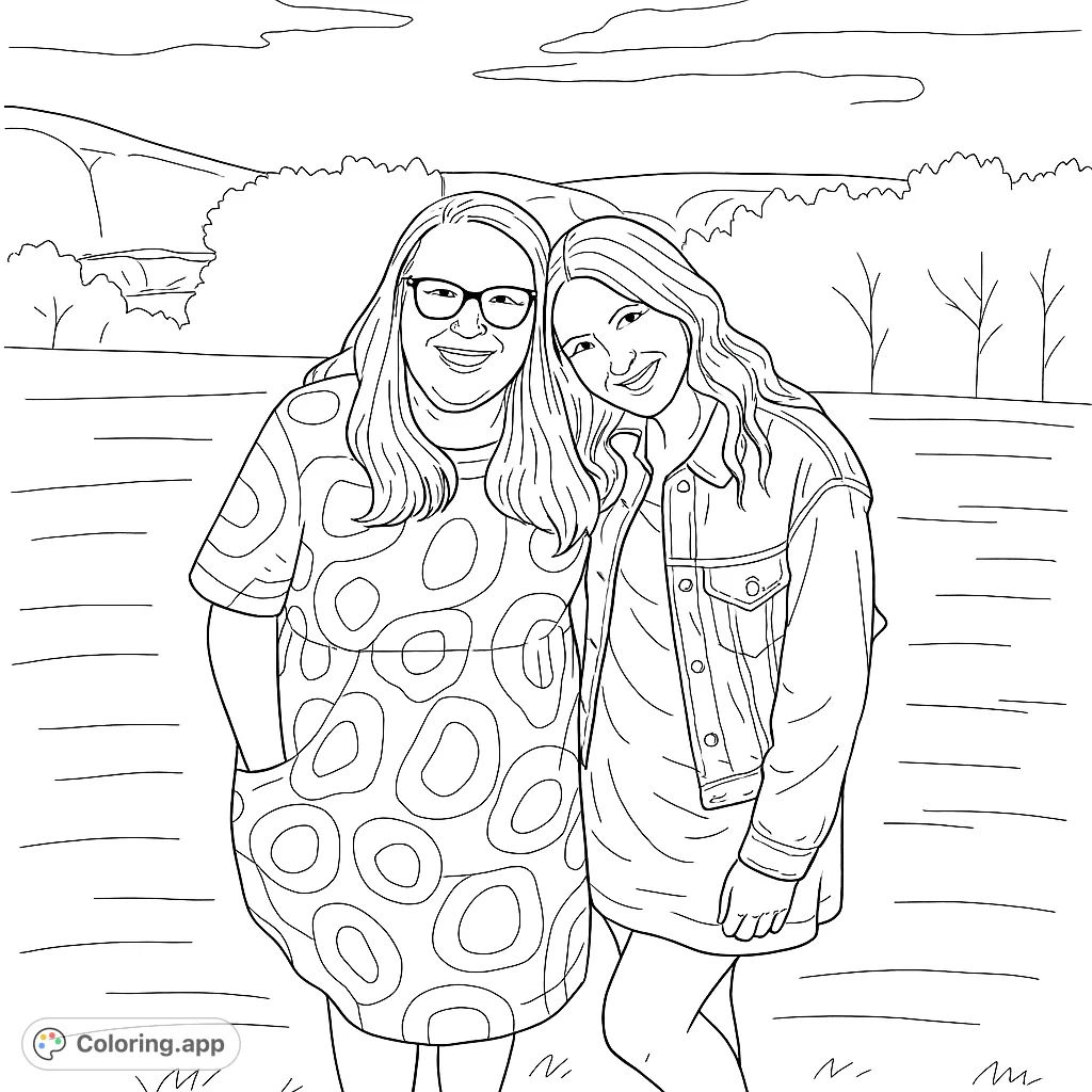 A heartwarming black and white line drawing of two smiling women standing outdoors with a scenic landscape background, perfect for a free printable coloring page.
