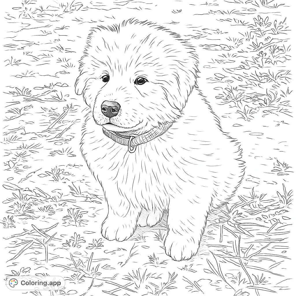 An adorable fluffy puppy with a collar sits in a grassy field, ready for a charming coloring experience. A free printable puppy coloring page.