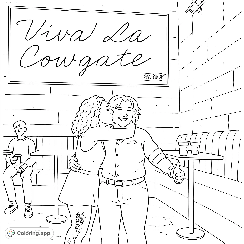 A heartwarming bar scene featuring a woman kissing a man, who gives a thumbs-up. Perfect for a fun, social coloring experience.