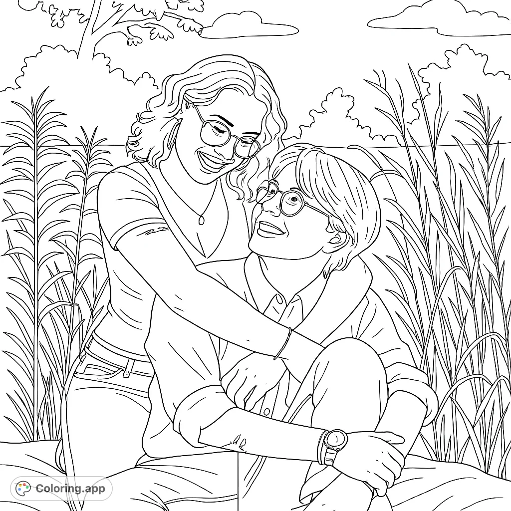 A sweet coloring page of a loving lesbian couple embracing in a field. A beautiful scene to color and share with your loved ones.