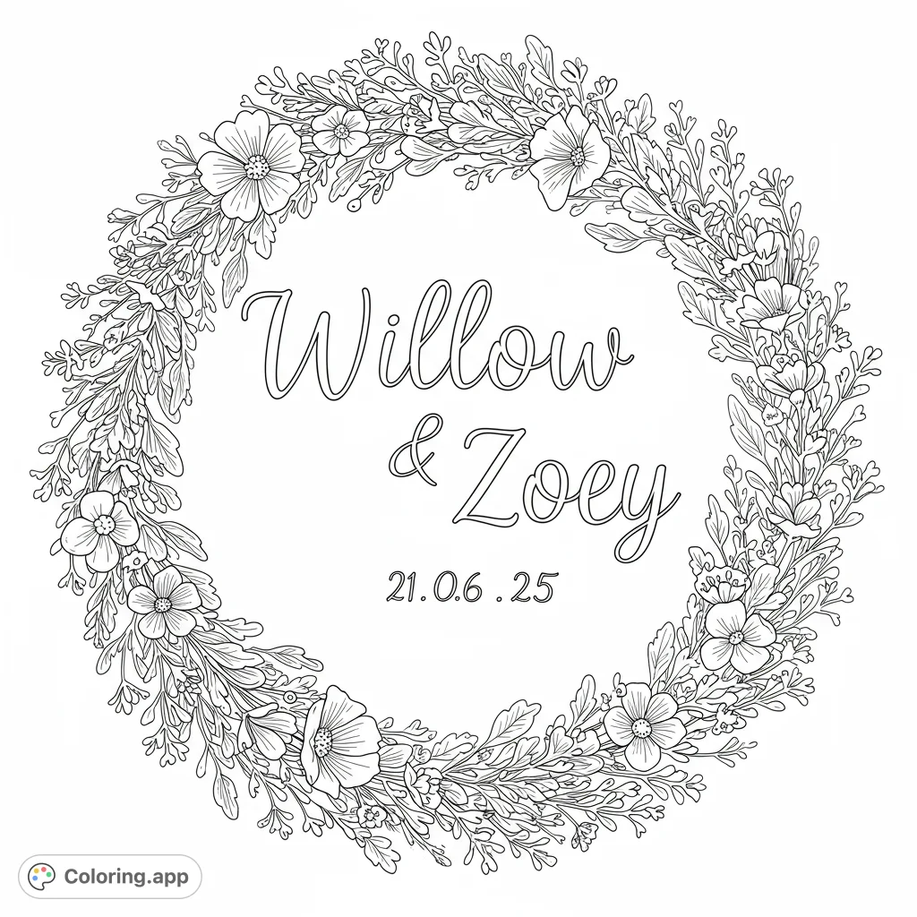 A beautiful black and white coloring page featuring the names "Willow and Zoey" in elegant cursive, encircled by a detailed wildflower wreath. 25".