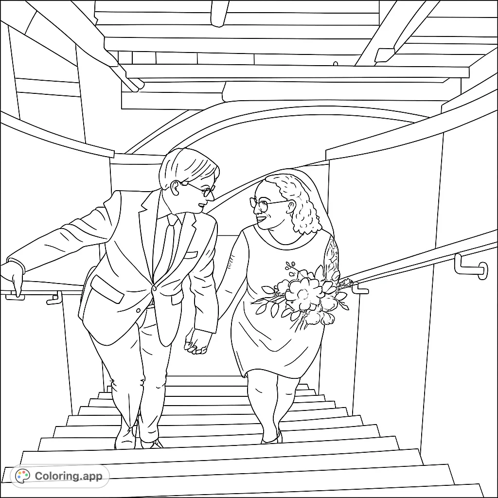 A happy couple walks up the stairs after their wedding. The bride carries a bouquet of flowers.