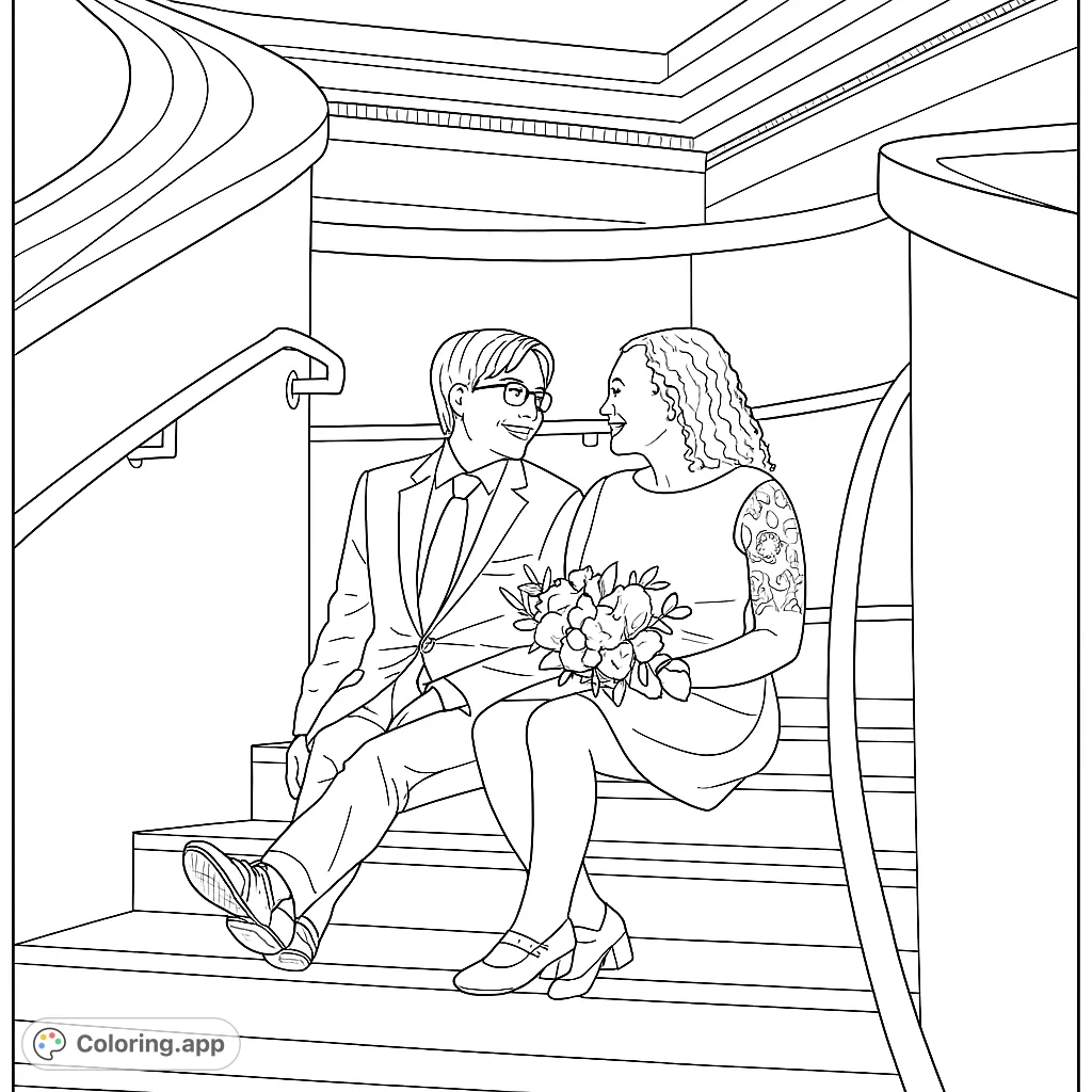 A newlywed couple sits on the stairs, gazing lovingly at each other. The bride holds a bouquet.