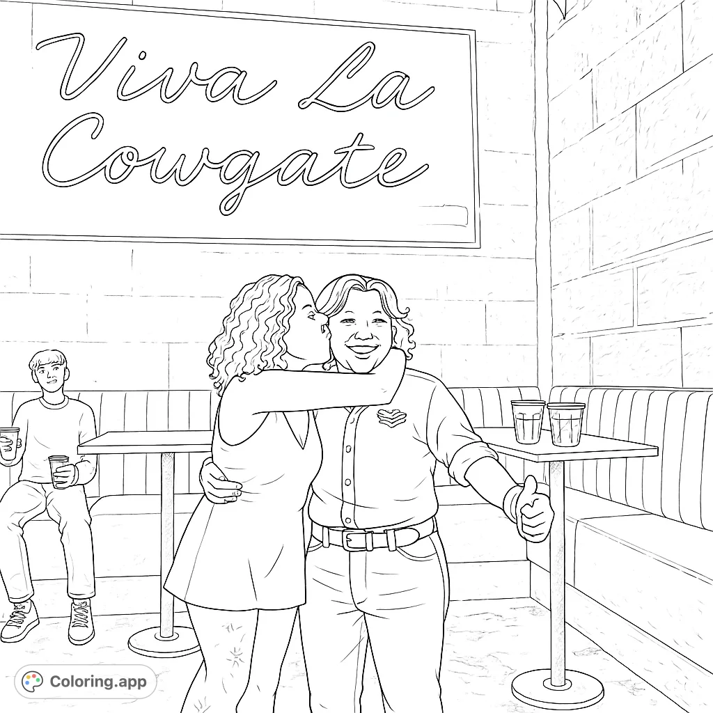 A fun night out with friends! This coloring page features two friends hugging under a neon sign in a bar.