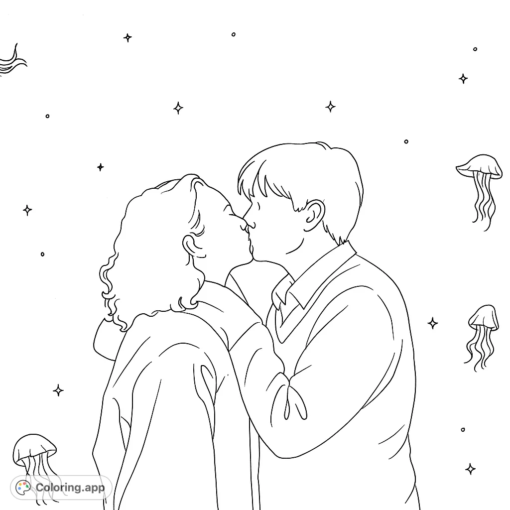 Capture a magical kiss surrounded by whimsical jellyfish and sparkling stars. A romantic and dreamy scene perfect for creative coloring.