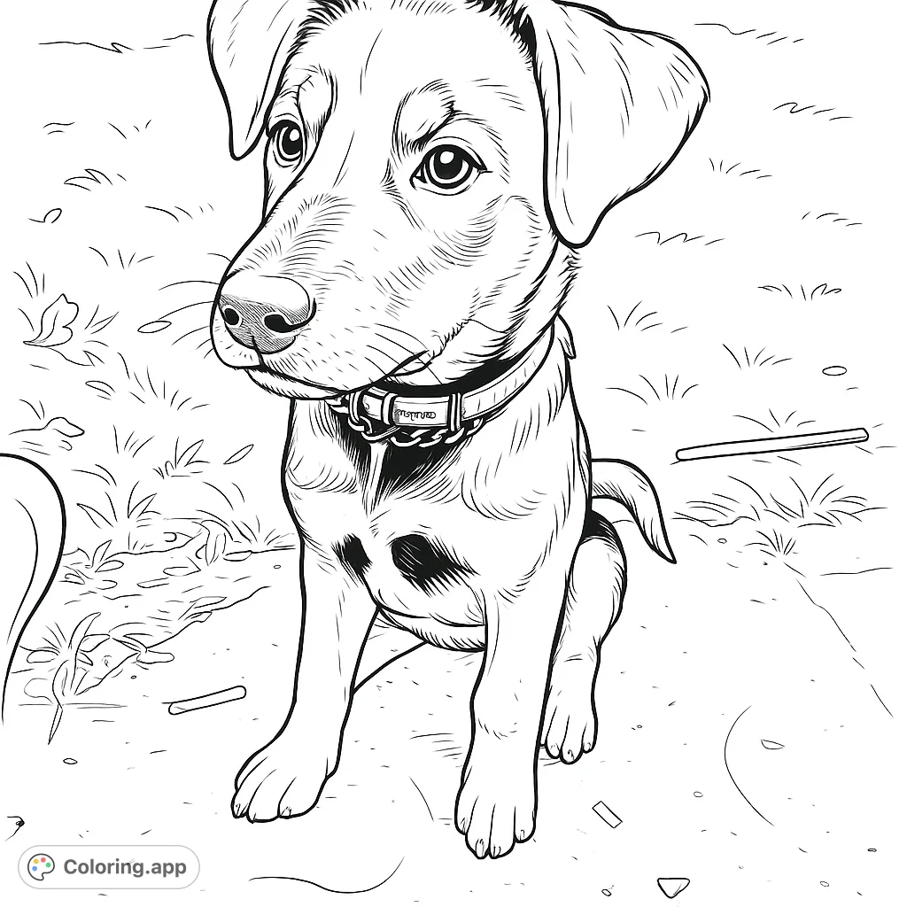 Detailed coloring page of an adorable puppy with a red collar. A fun and engaging activity for kids and adults who love dogs!
