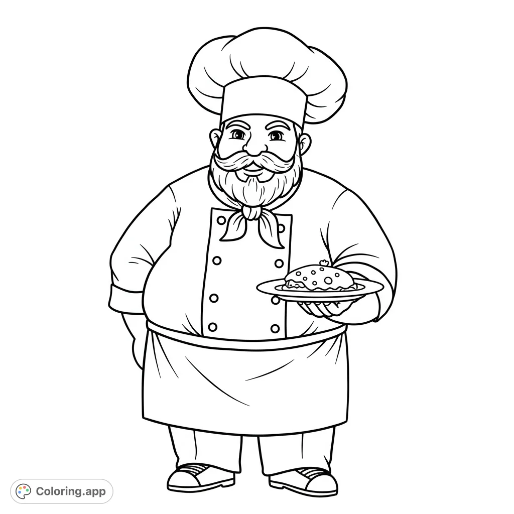Chubby chef with a mustache and beard, proudly holding a plate of food. Detailed line art with open spaces for easy coloring.