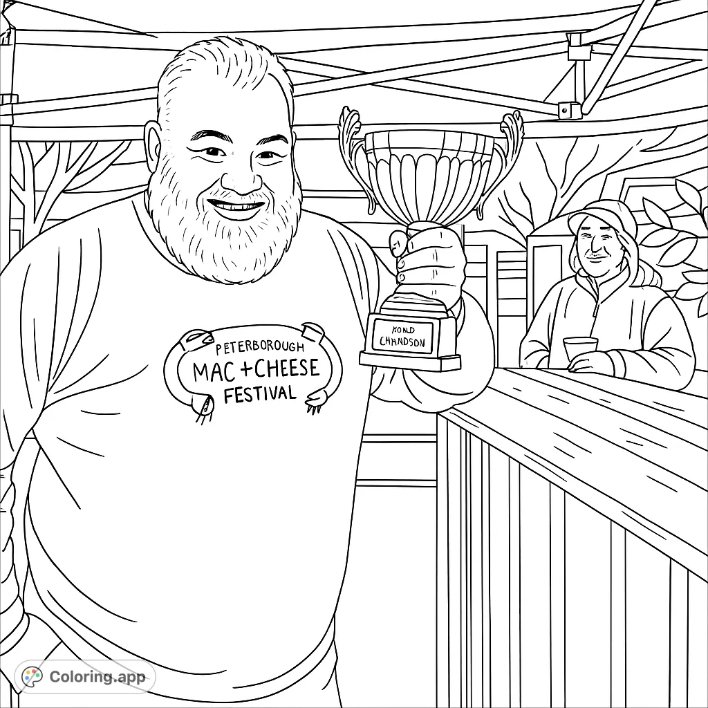 A cheerful man holds a trophy at a festival, with a person in the background. A fun, free printable festival coloring page for all ages.