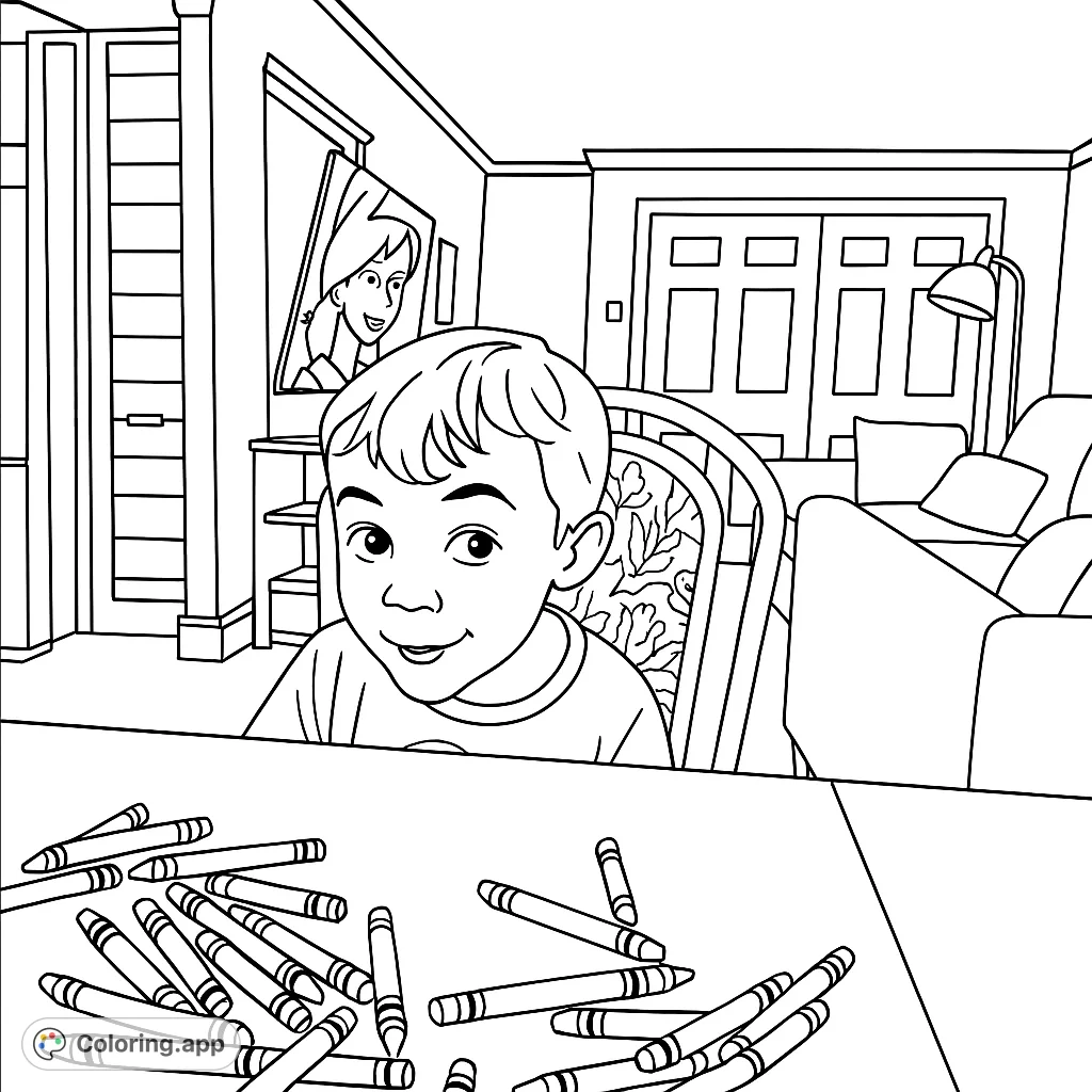 A cute boy with crayons on the table. A fun coloring page for kids who love to color and draw.