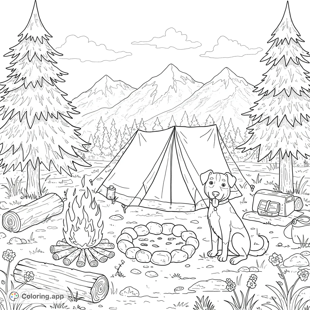 A detailed black and white coloring page featuring a camping scene in the mountains. Includes a campfire and a happy dog enjoying the outdoors.