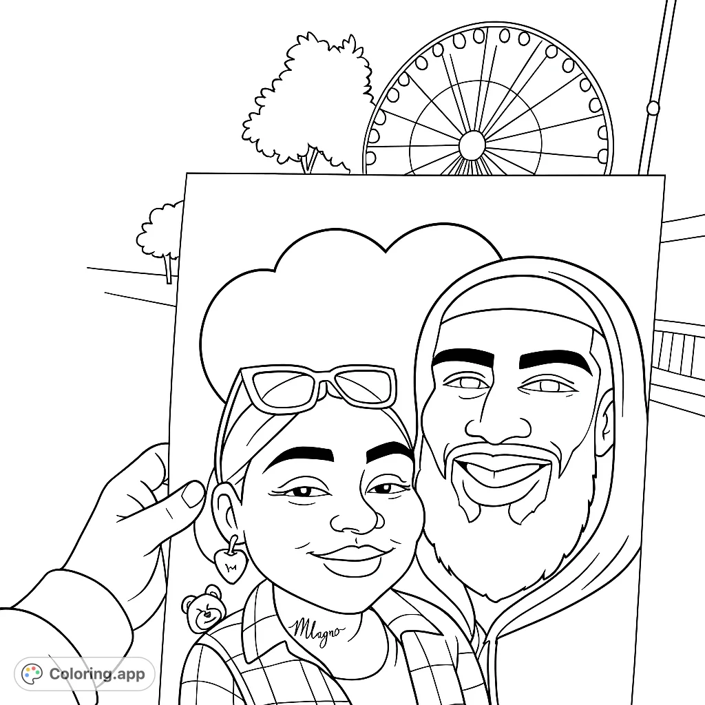 A hand holds a caricature portrait of a smiling couple at an amusement park, featuring a Ferris wheel and trees in the background.
