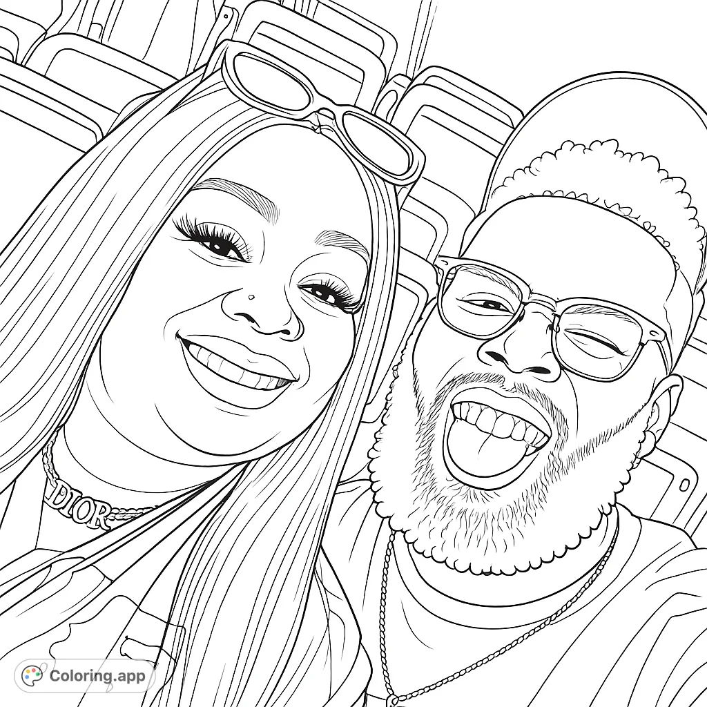 A cute couple smiles for a selfie! This coloring page features a fun portrait with detailed accessories and expressions.