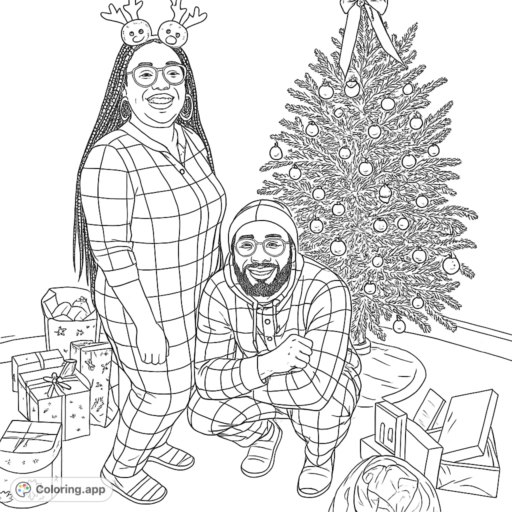 Festive holiday coloring page featuring a couple in matching pajamas by a Christmas tree surrounded by presents. A cozy Christmas scene to color!