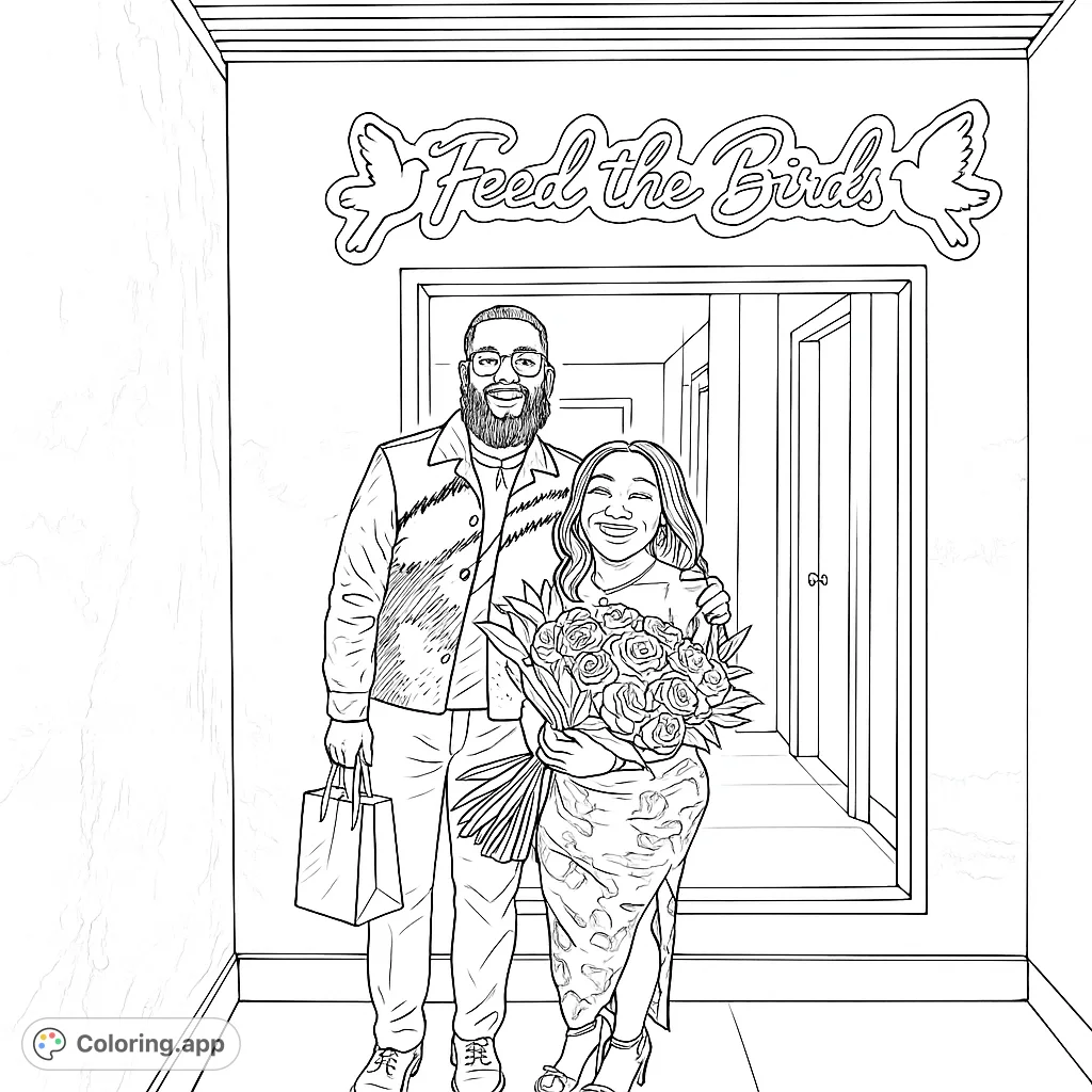 A stylish couple poses with roses under a neon sign. This coloring page captures a modern, romantic moment with detailed outfits and decor.