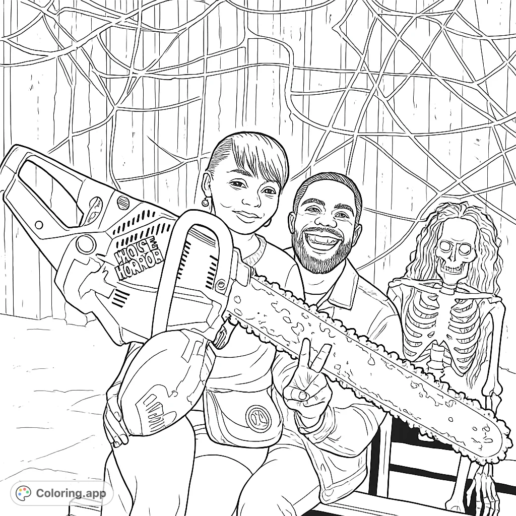 Spooky Halloween fun! A couple poses with a chainsaw and skeleton against a cobwebbed backdrop.