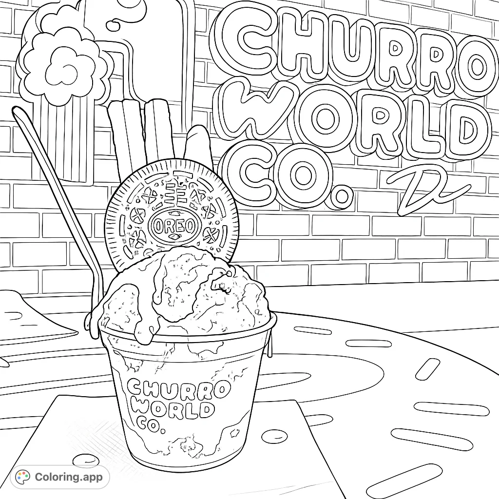 Detailed line art of a delicious ice cream sundae with chocolate drizzle and cookie garnish. A sweet treat to color!
