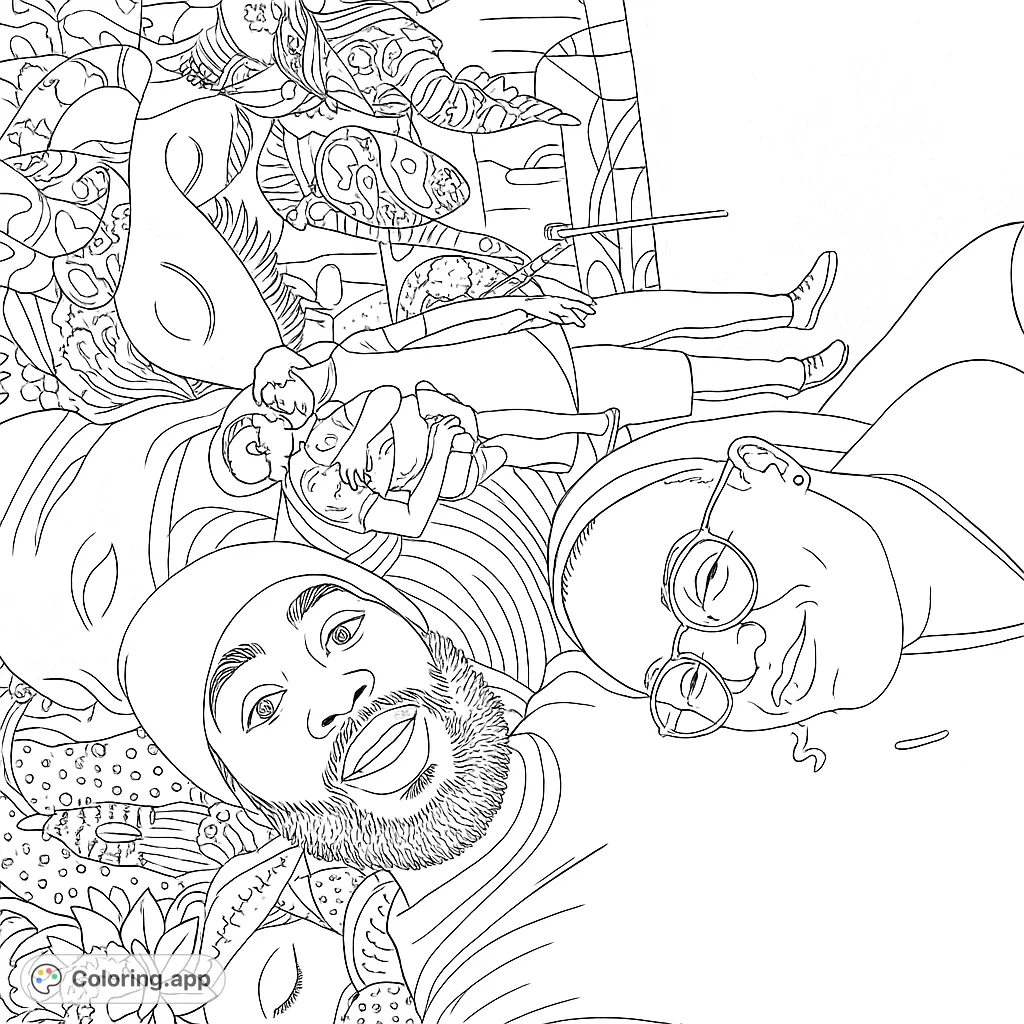 Explore a unique abstract art coloring page featuring diverse figures intertwined with organic shapes and intricate patterns, perfect for creative expression.