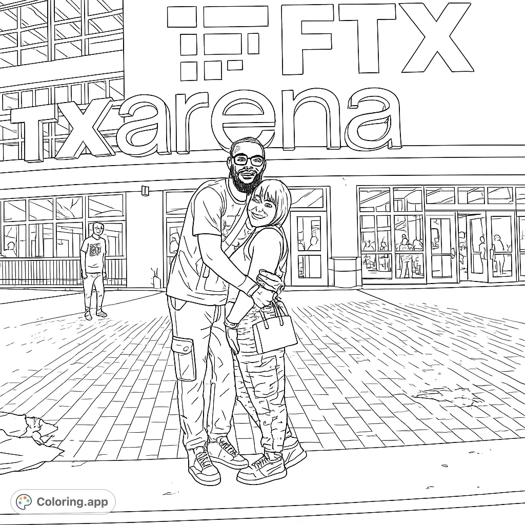 A heartwarming couple embracing in front of a modern arena, perfect for a personalized urban couple coloring page. Celebrate love and connection!