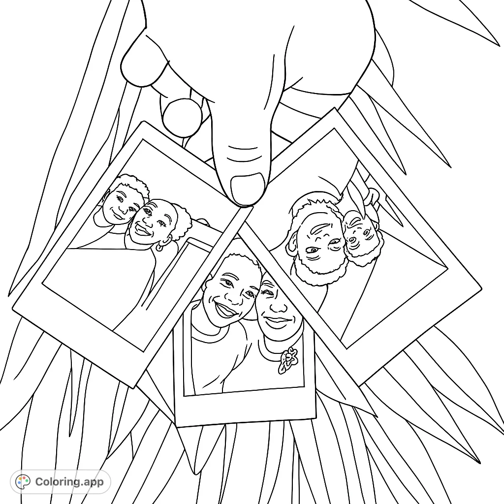 A heartwarming free printable coloring page featuring a hand holding three instant photos of smiling faces, perfect for family and friendship themes.