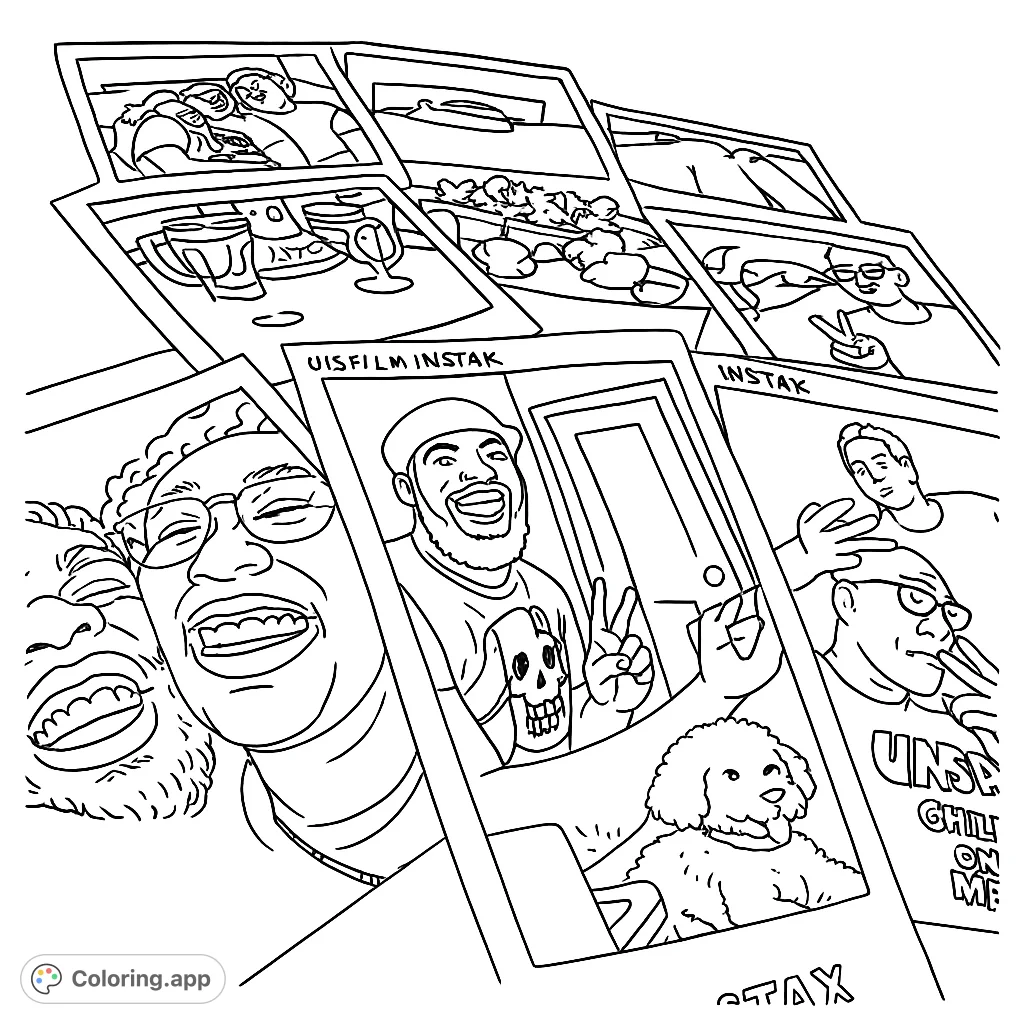 A fun, free printable instant photo collage coloring page featuring diverse scenes and smiling faces, perfect for all ages.