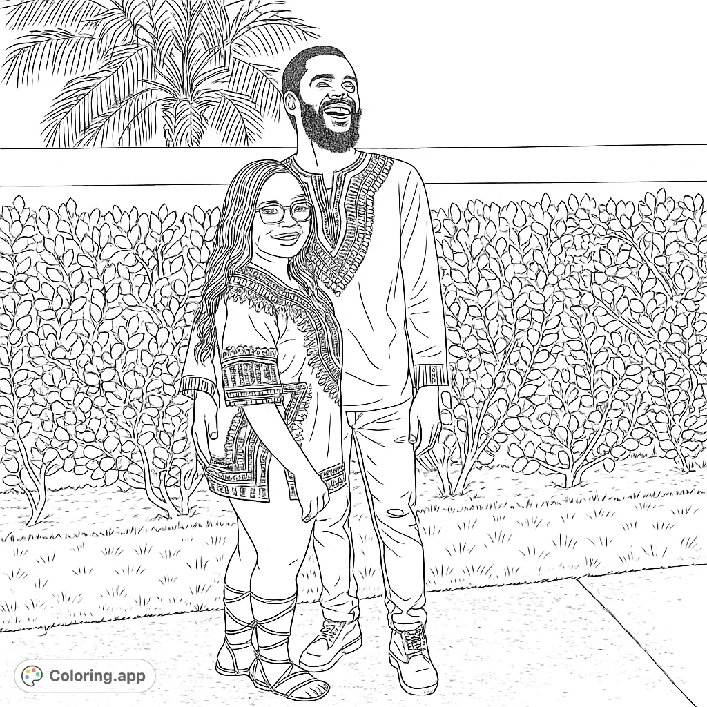 A joyful couple in traditional African attire stands outdoors, surrounded by lush greenery and a palm tree, ready for vibrant coloring.