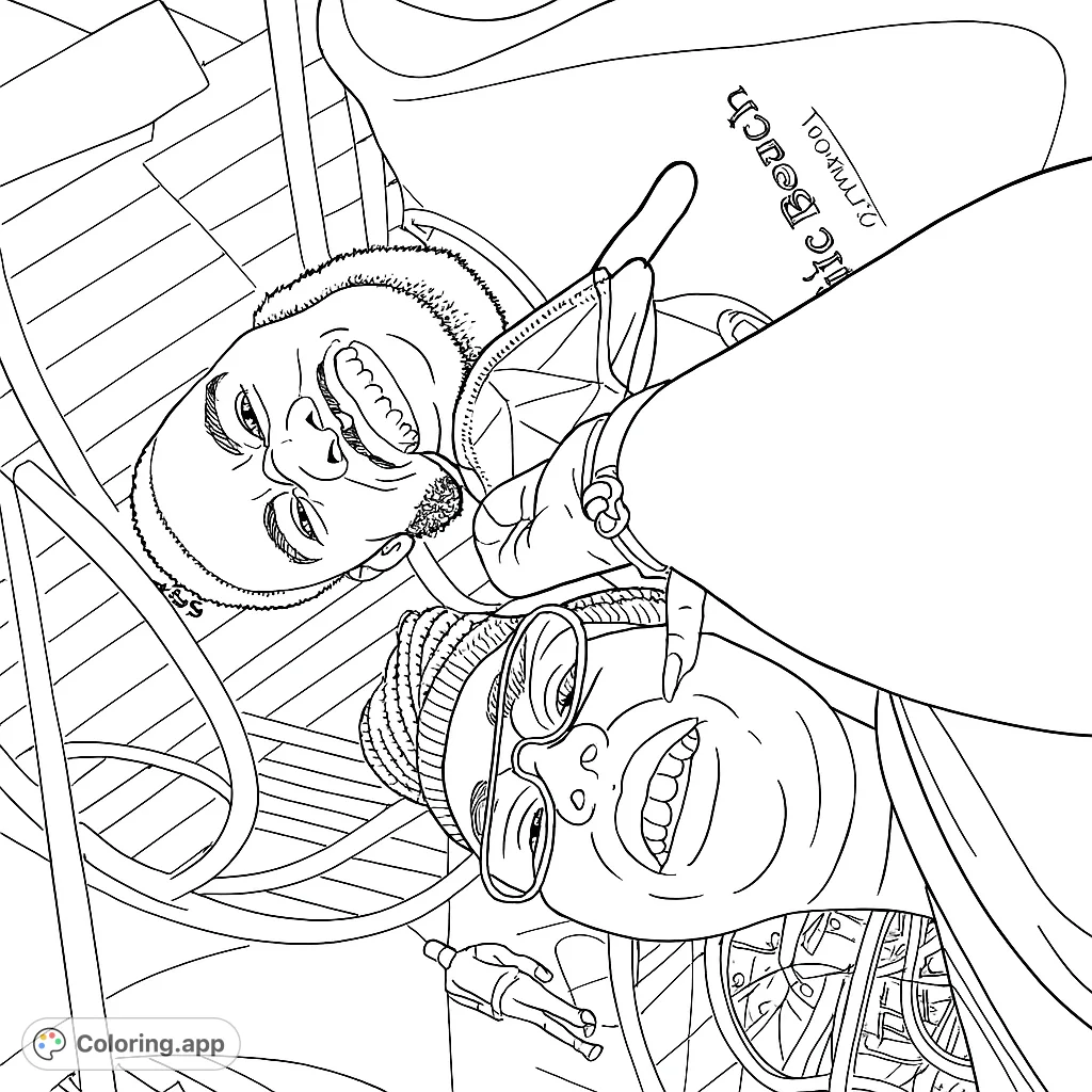 A vibrant urban scene featuring two smiling individuals, a male and a female, captured in a dynamic pose with abstract background elements. Perfect for expressive coloring.