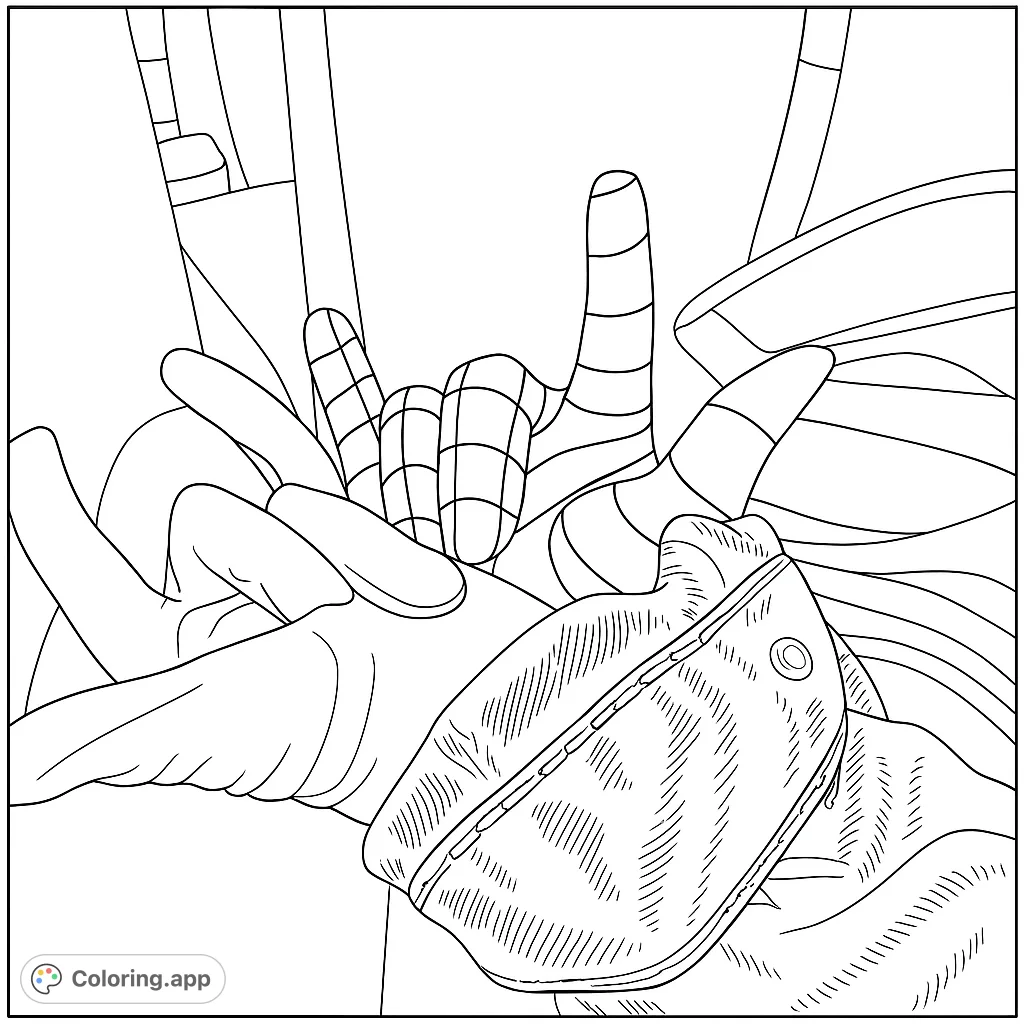 Expressive hand gestures in a dynamic composition. A 'rock on' hand and a textured pouch invite creative coloring for all ages.