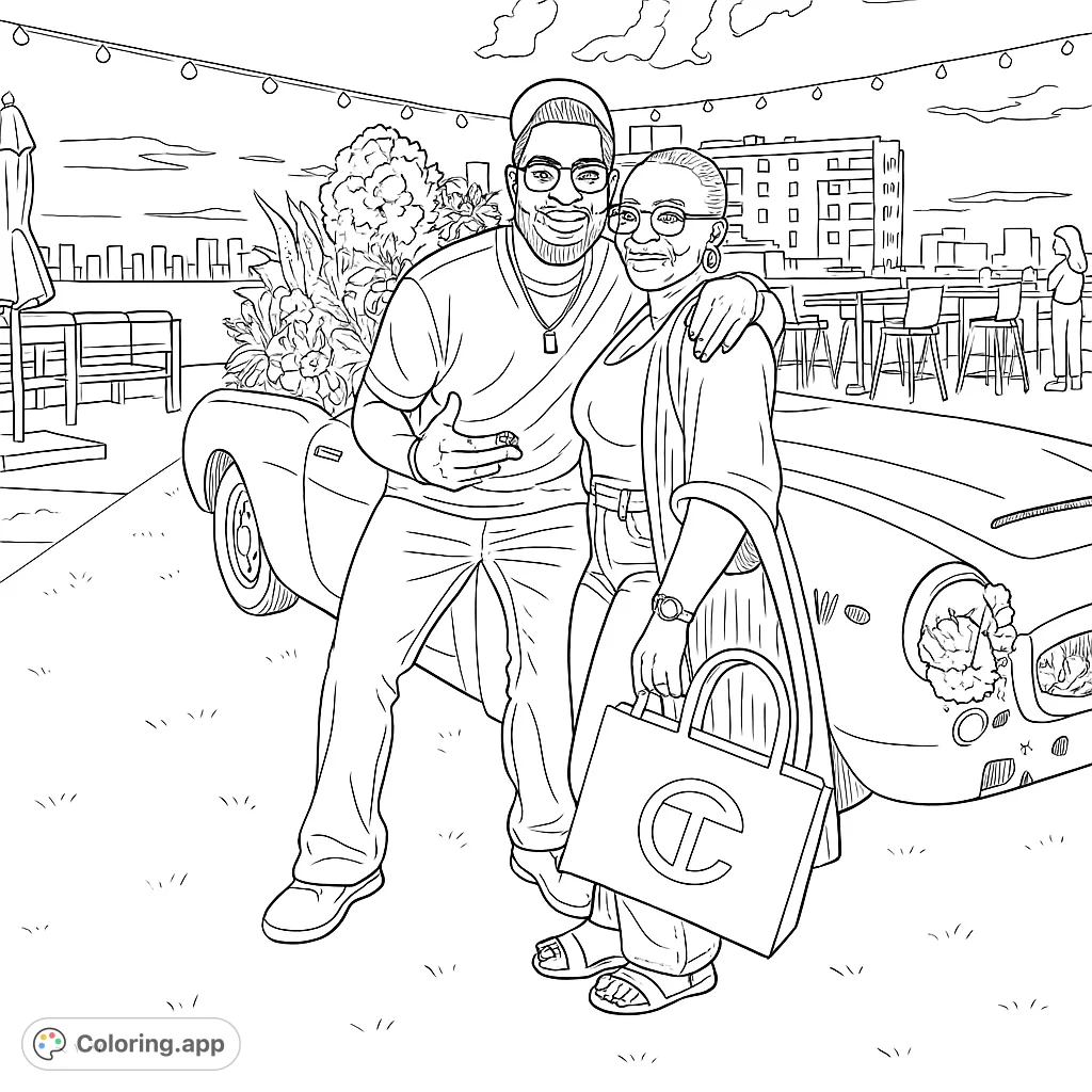 A joyful duo poses with a classic car on a vibrant rooftop, surrounded by city views and festive lights. Perfect for urban celebration coloring.