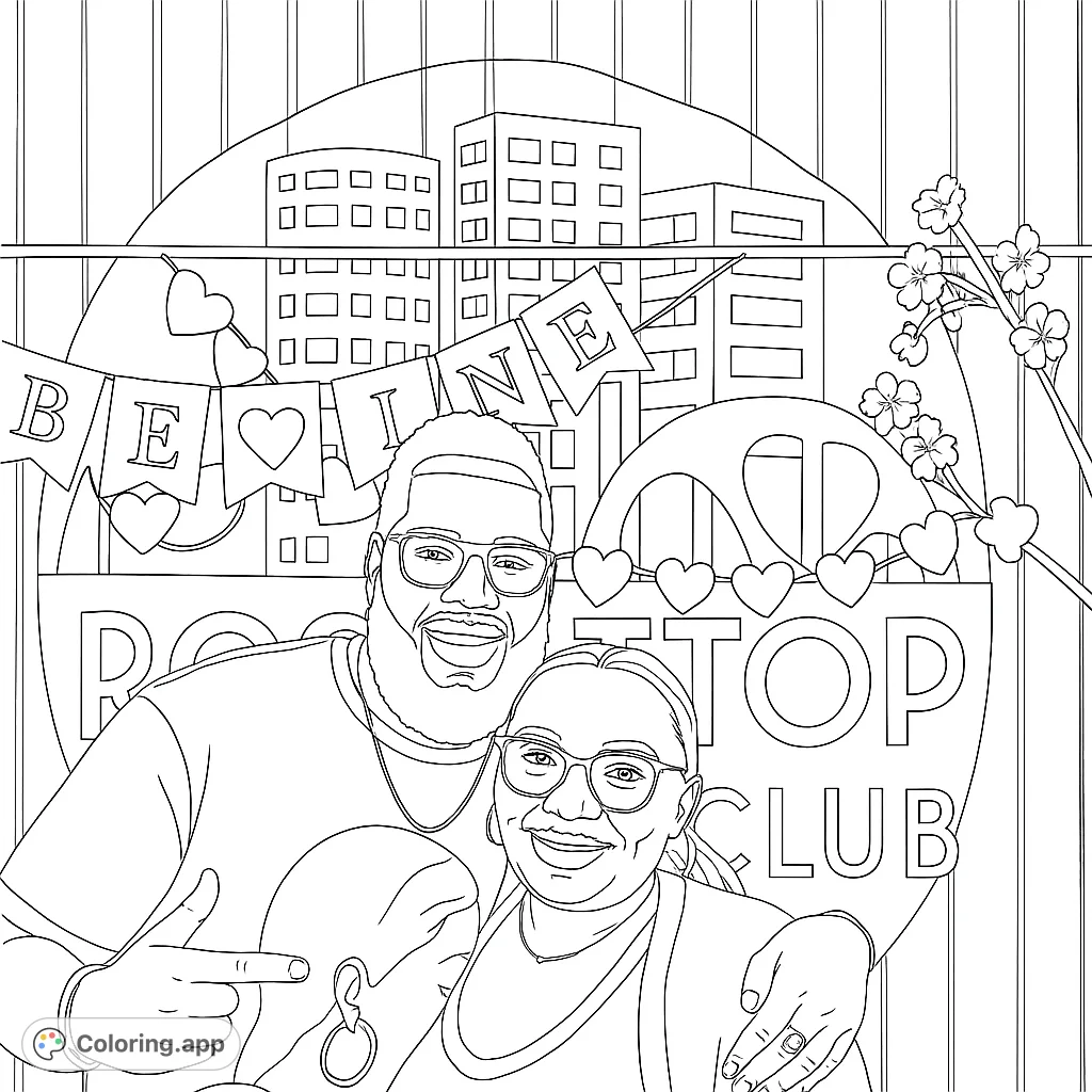 A joyful couple smiles on a city rooftop, surrounded by festive hearts and urban skyline. Perfect for a romantic free printable coloring page.