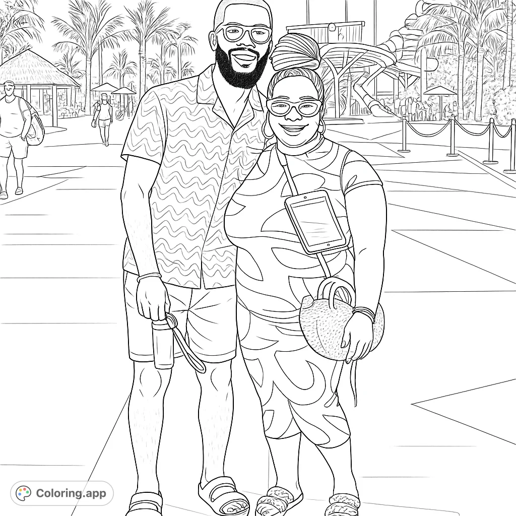 A happy couple poses at a tropical resort, featuring palm trees, a water slide, and intricate patterns for a fun, free printable coloring page.