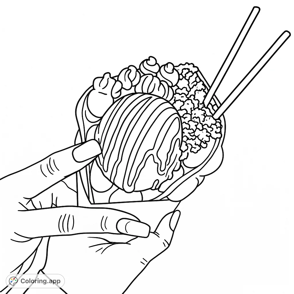 A delightful dessert coloring page featuring hands holding a waffle cone filled with ice cream, drizzles, and toppings, complete with chopsticks. A free printable coloring page for all ages.