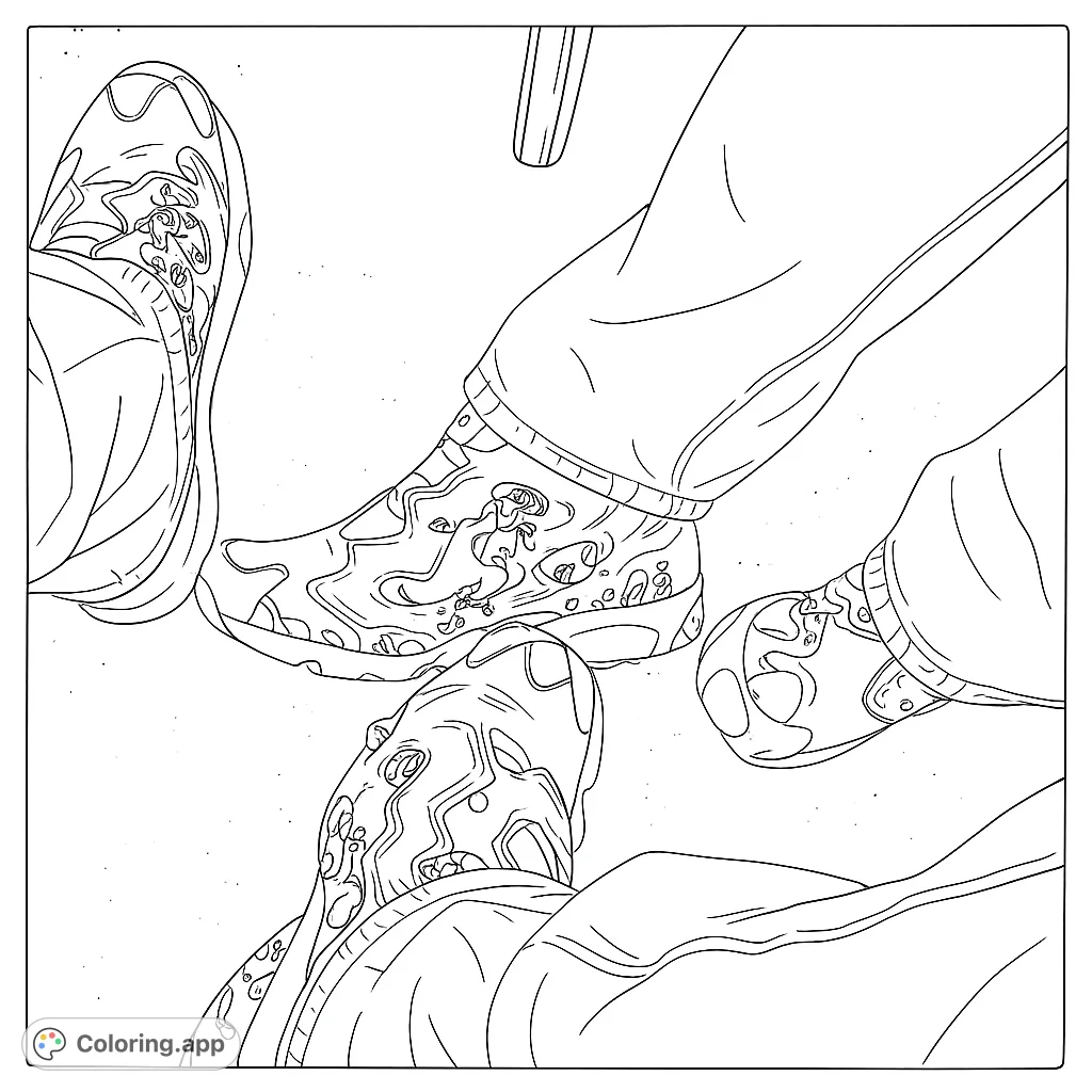 Three pairs of feet in sneakers with intricate, abstract patterns. A unique footwear coloring page, perfect for creative expression.