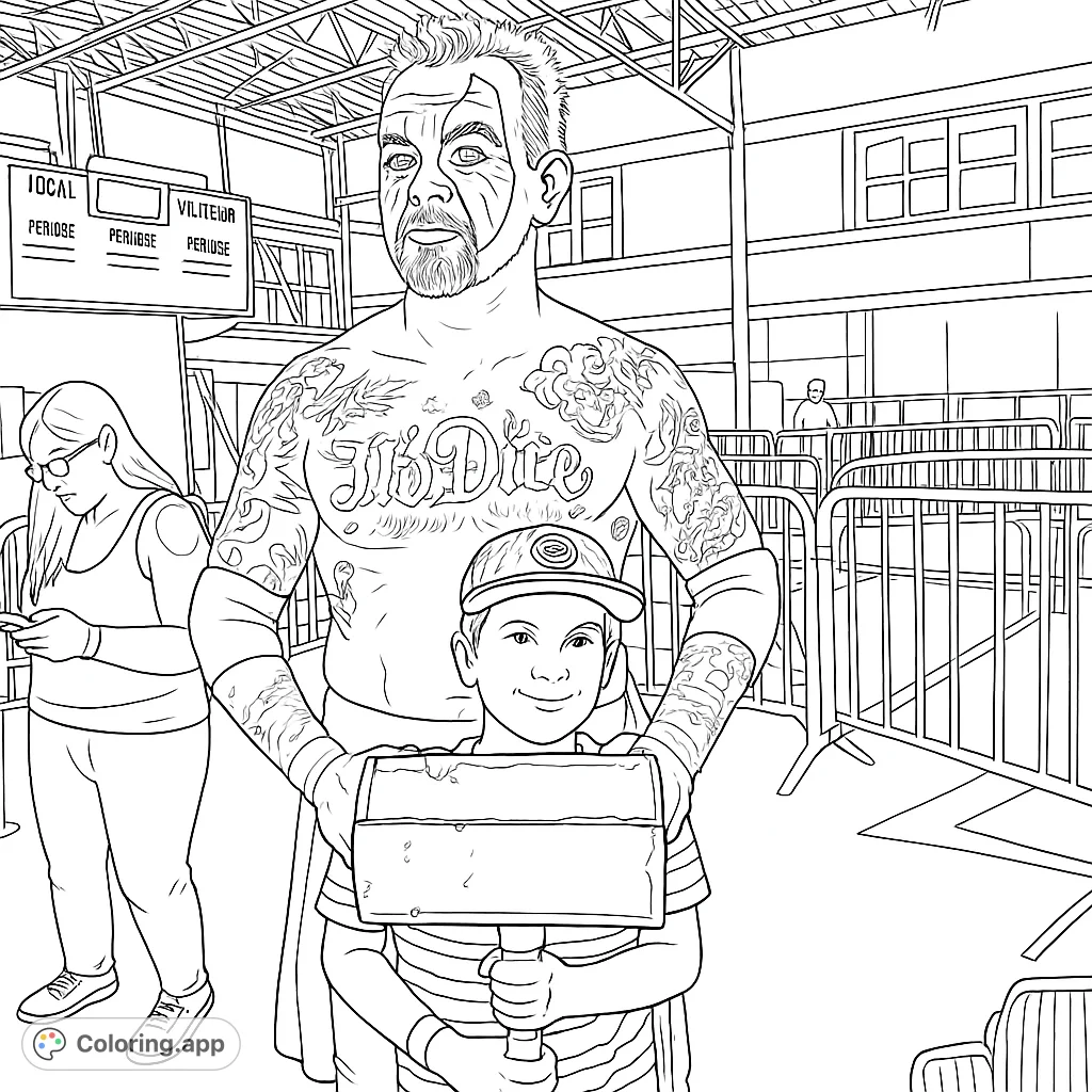 A wrestler with face paint and tattoos poses with a young fan holding a hammer. A unique coloring page for wrestling and sports fans.